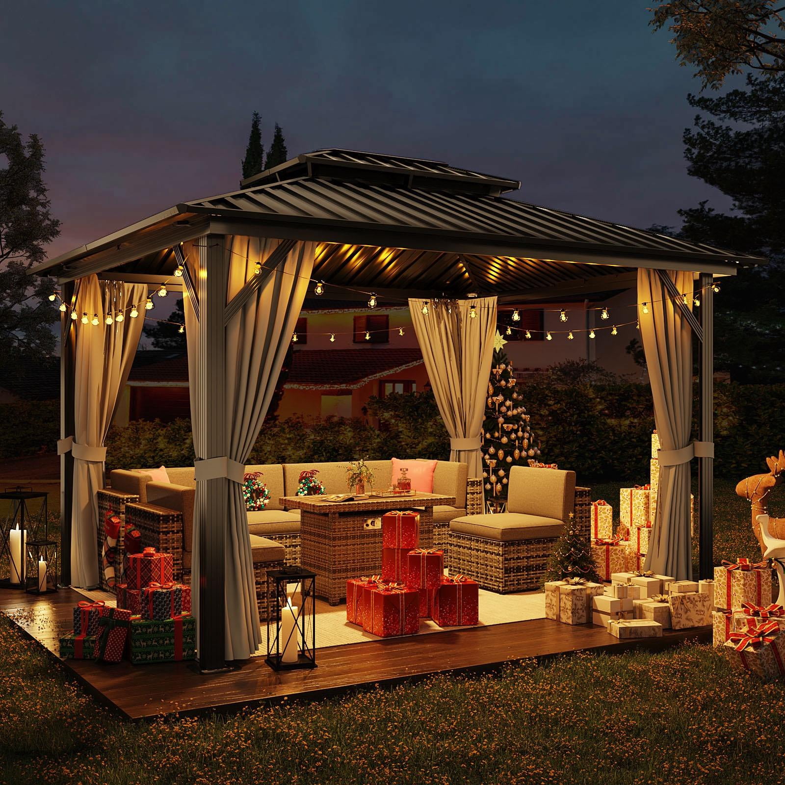 Sunmthink 10x12 ft. Hardtop Gazebos, Double Roof Galvanized Steel Outdoor Aluminum Frame Canopy with Netting and Curtains, Grey