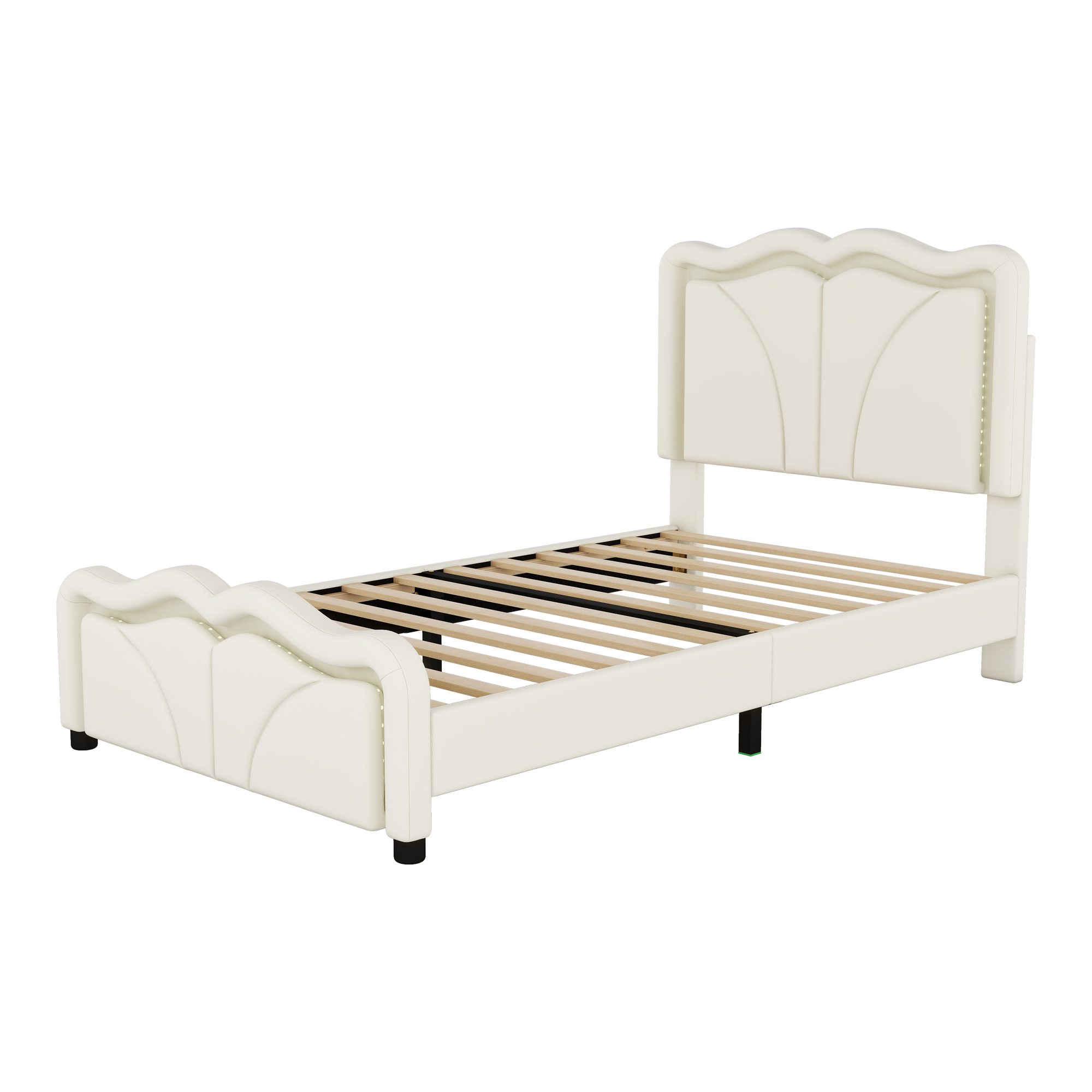 EUROCO Upholstered Twin Platform Bed, Cartoon Bed with Adjustable Headboard and LED Light for Toddler Kids Teens Adults, Beige