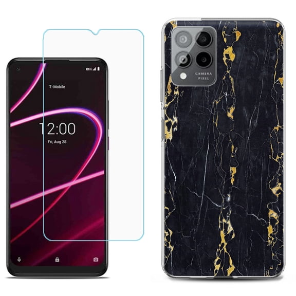Slim-Fit Gel TPU Phone Case for T-Mobile Revvl 6 Pro 5G, with Tempered Glass Screen Protector, by OneToughShield ® - Marble / Gold/Black