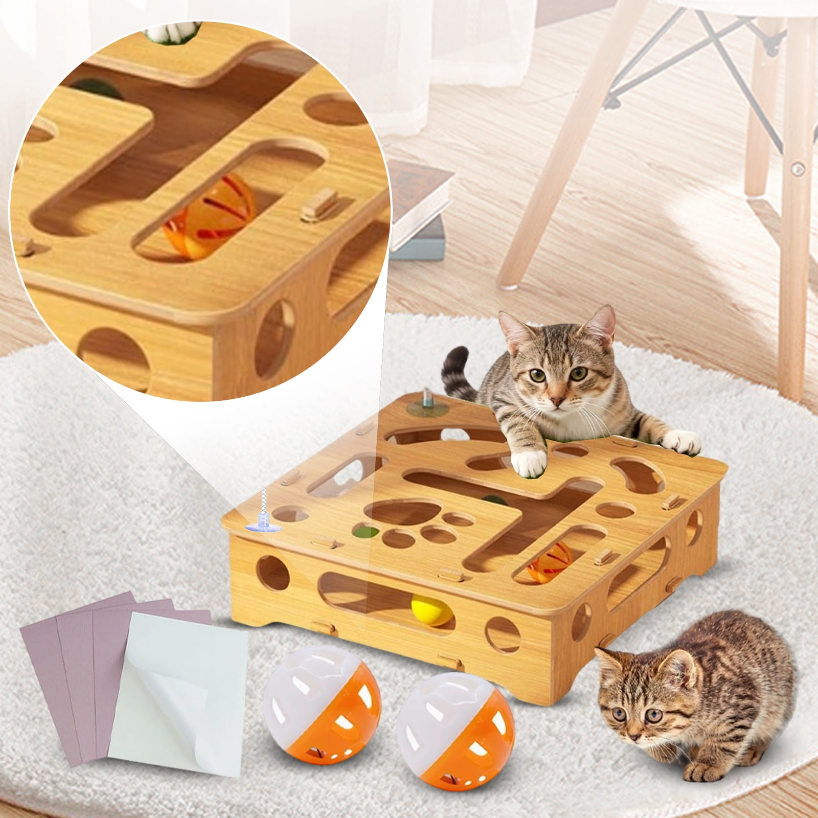 Interactive Cat Toy - Scratch Puzzle Enrichment Box with Bells, Stress Relief for Cats, Interactive Puzzle Game for Indoor Cats (1 Maze Box + 2 Bell Balls)