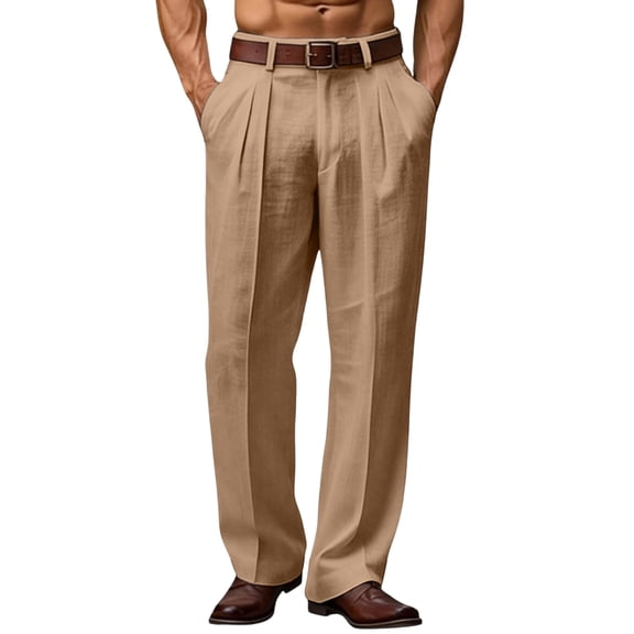 Mens Linen Cotton Pants Pleated Front Relaxed Fit Casual Beach Trousers with 4 Pockets Navy L
