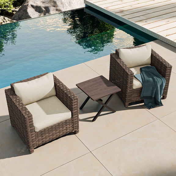 EAGLE PEAK Harbor Haven 3 Piece Patio Set Outdoor Wicker Chairs with Side Table and Cushions, All-Weather Rattan Chairs Set for Porch Balcony Deck Poolside