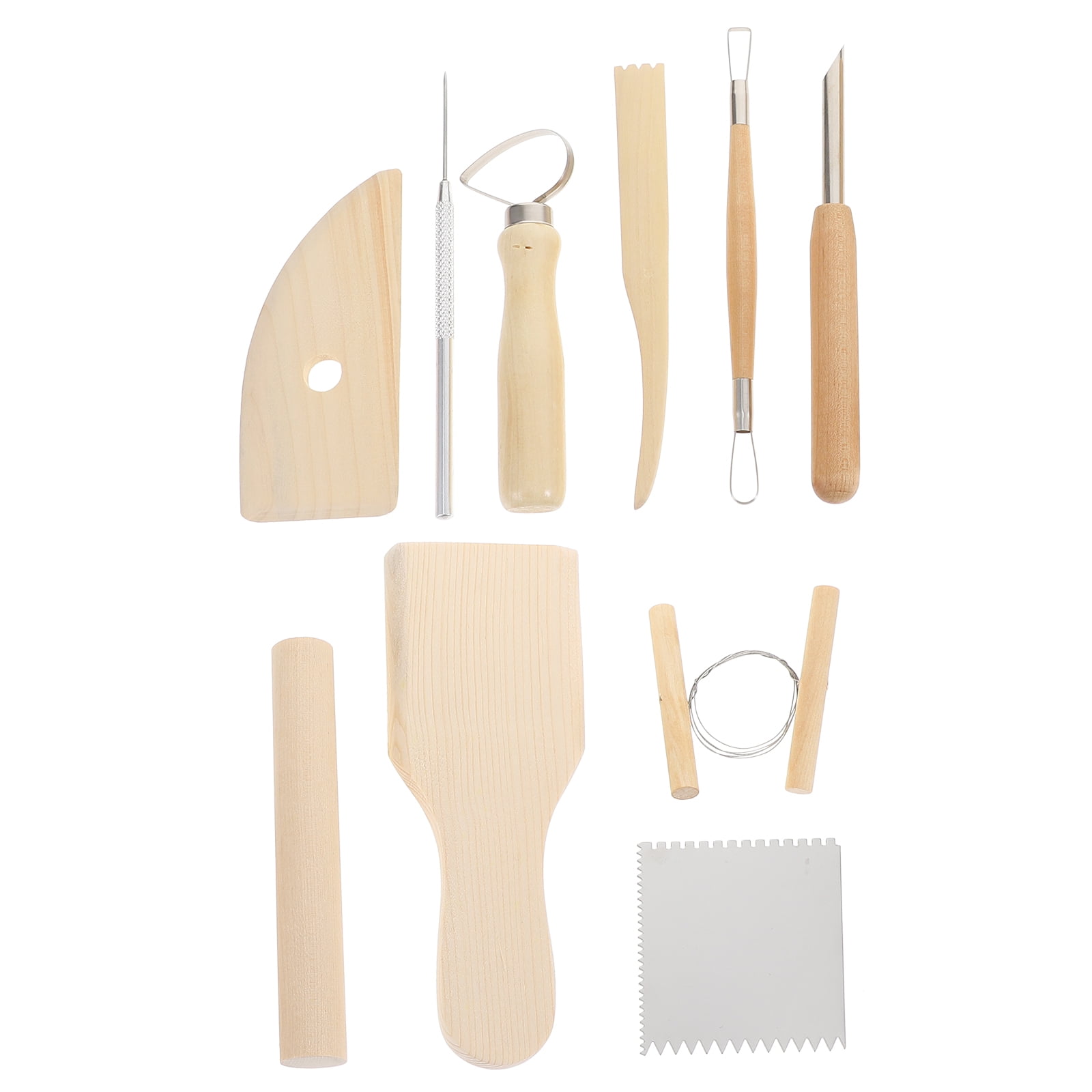 DINHEAROM Clay Tools Wood Stainless Steel Pottery Clay Tools DIY Pottery 2 Sets 7.2x2.8x0.6in