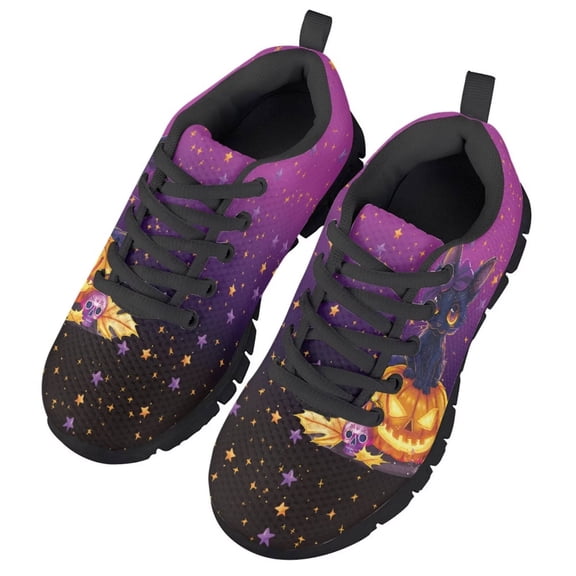 Chririnla Halloween Shoes for Boys Girls Size 12.5 Non-Slip Athletic Casual Shoes with Cat Pumpkin Print Tennis Running Sport Sneakers Kids Lace up Trainer