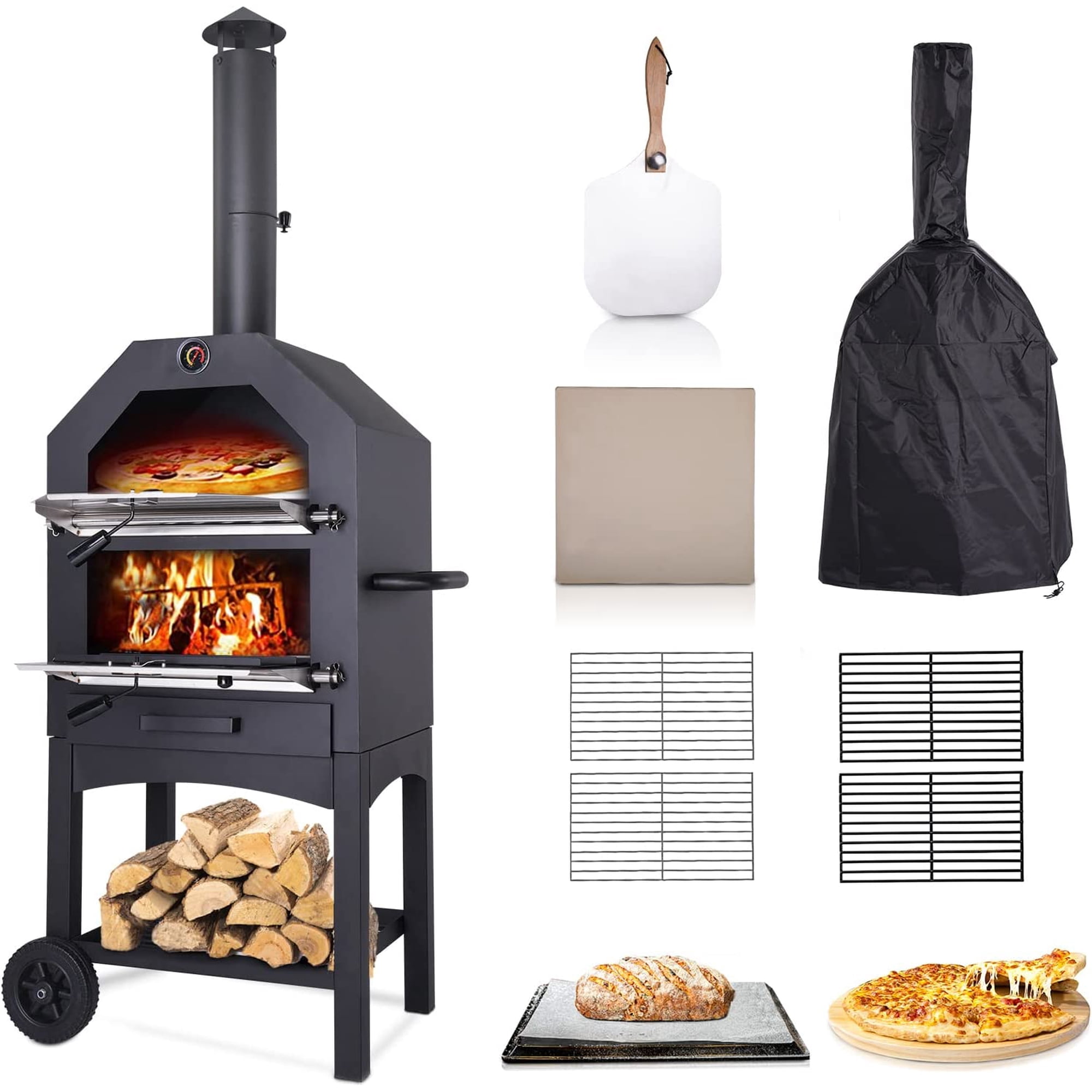 Techmilly Outdoor Pizza Oven Wood Fired, Wood Pizza Ovens for Outside with  Waterproof Cover, Pizza Stone, Peel, 2 Layer Steel, Freestanding Steel Oven  with 2 Wheels for Kitchen BBQ Backyard Party - Walmart.com