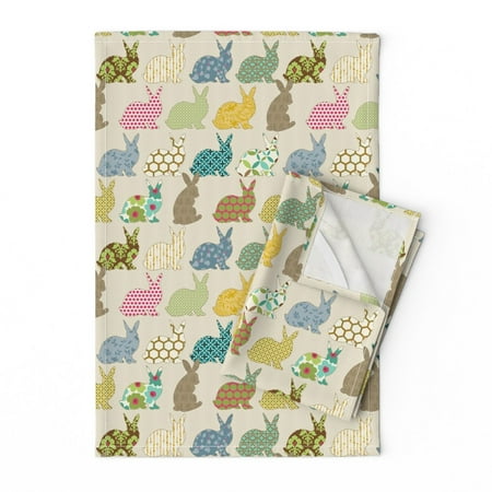 

Printed Tea Towel Linen Cotton Canvas - Year Colorful Rabbit Bunny Easter Whimsical Novelty Patchwork Tan Animals Woodland Print Decorative Kitchen Towel by Spoonflower