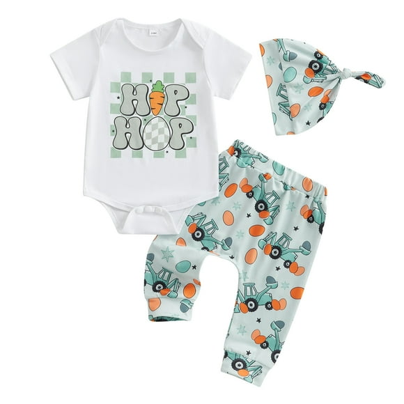 QUOTAY Baby Easter Outfit for Girls Bunny Print 3 Piece Summer Short Sleeve Romper with Pants and Hat Outfit Sets for Kids White,12M