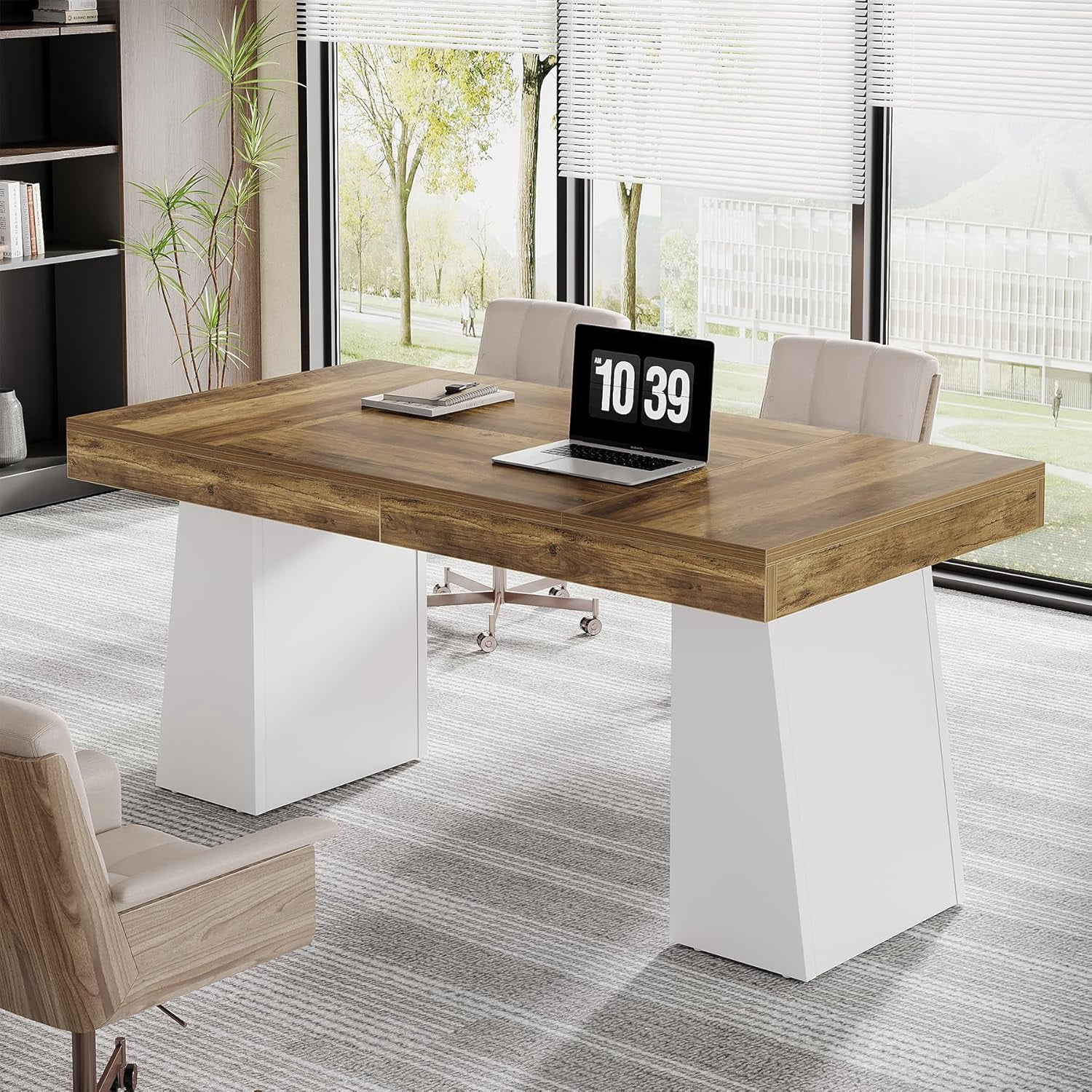 Tribesigns 55 Inches Executive Desk, Mid-Century Modern Home Office Desk with Double Trapezoid Base