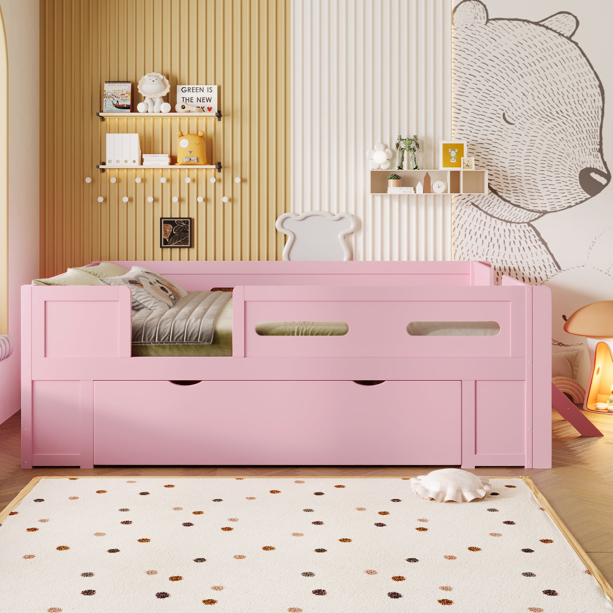 Euroco Wood Twin Size Platform Bed with Guardrails and Drawers, Pink