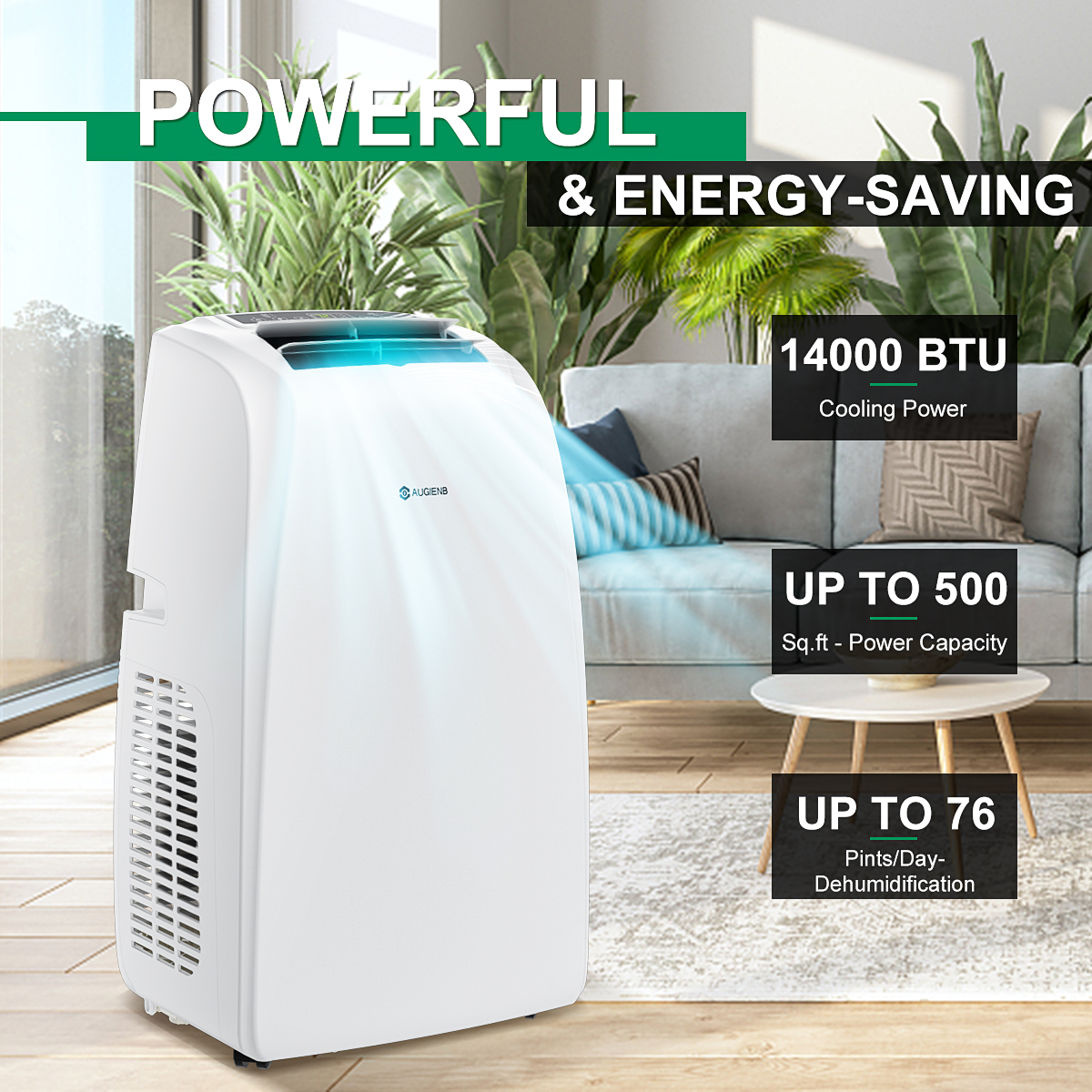 AUGIENB 14000 BTU Portable Air Conditioner,Evaporative Air Cooler ,Dehumidifier Cooling Fan 24-Hour Timer,Cooling Up to 500 Sq, W/ Remote Control &Window Kit - image 2 of 10