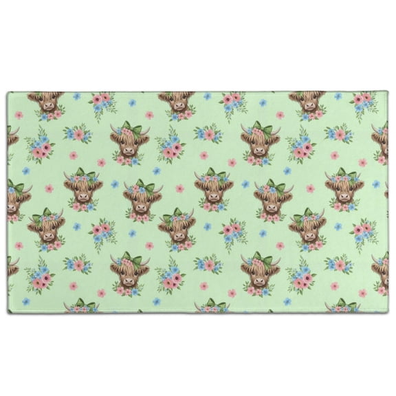 Green Highland Cow Flower Pattern Door Rugs,Washable Non Slip Door Mats Indoor,Decorative Door Mats,Entry Mat Indoor for Entrance,Bedroom,Kitchen,Bathroom,17"x30"