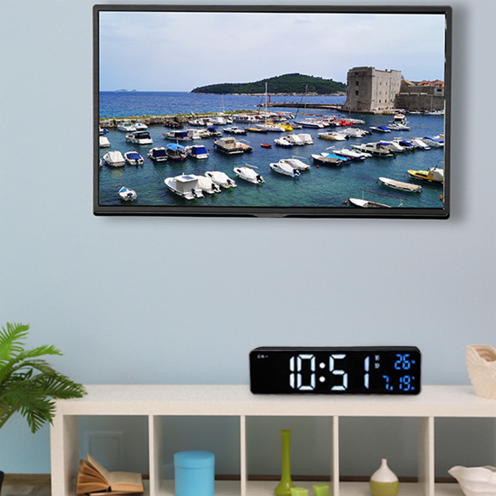 Foqnuq Large LED Digital Clock Alarm - Rechargeable Snooze Wall Clock - Date & Temperature Display - USB Powered - Perfect for Home & Office