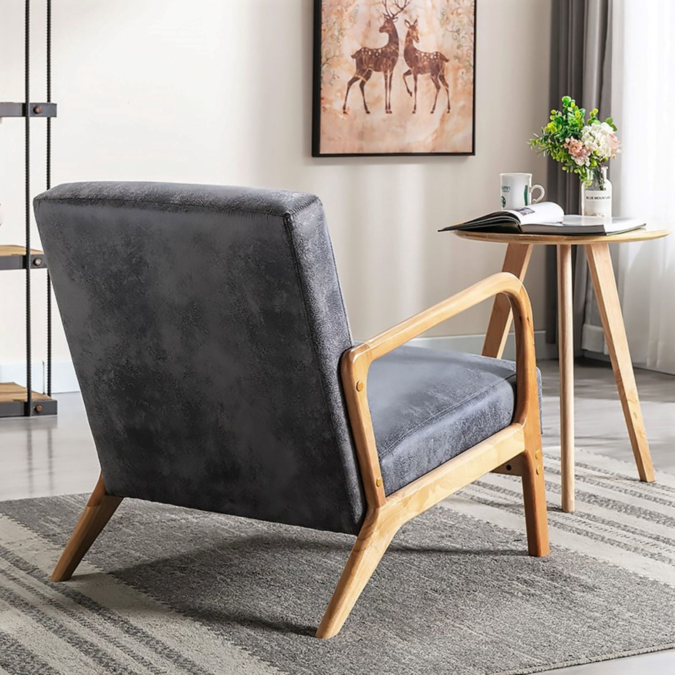 GDF Studio 32.7" Mid-Century Modern Accent Chair with Open Wood Frame, Microfiber Upholstery, Light Gray