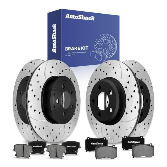 AutoShack Front Vented & Rear Vented Drilled & Slotted E-Coated Brake Rotors   Ceramic Pads 12-PC Brake Kit Replacement for 2018 Dodge Challenger ShadowGuard