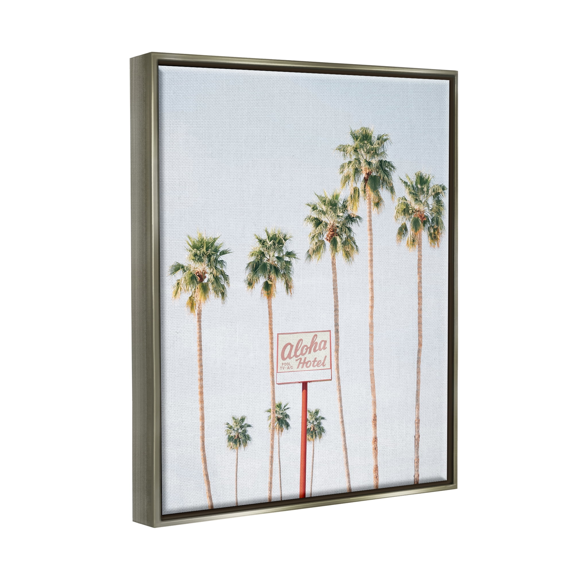 Stupell Industries Aloha Hotel with Palm Trees Botanical & Floral Painting Gray Floater Framed Art Print Wall Art, 17 x 21