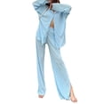 thumbnail image 1 of Pijama De Traje De 2 Piezas Para Mujer Tops Con Botones De Color SóLido + Pantalones De Cintura EláStica XBTCLXEBCO DivisióN Azul;S, 1 of 6