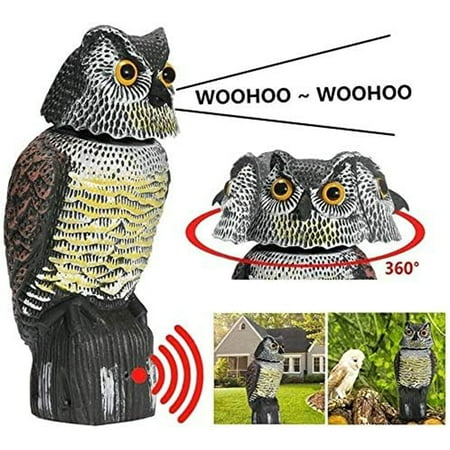 Hirigin Owl Decoy Scarecrow 360° Rotating Head with Sound Bird Repellent for Yard