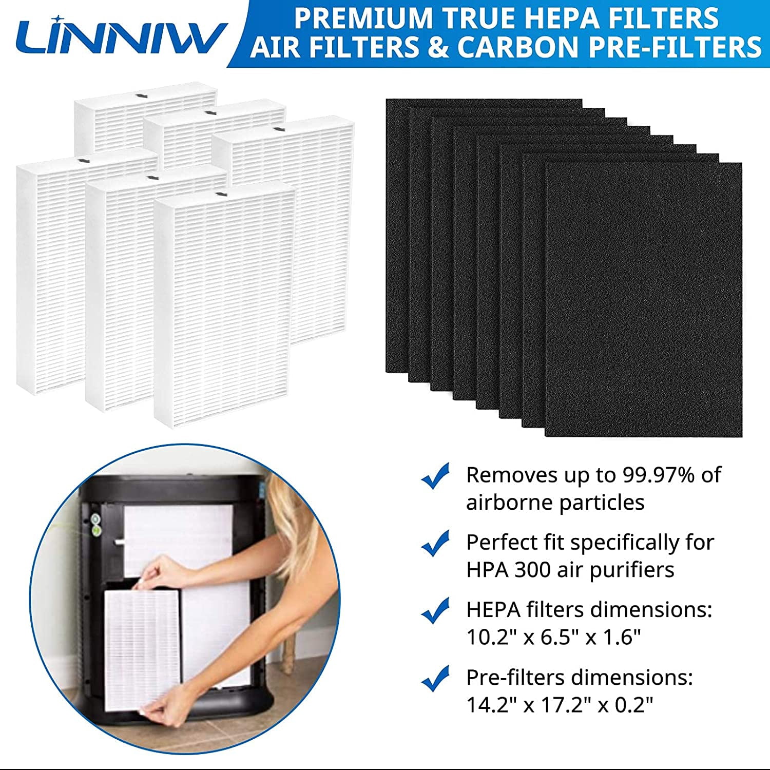 HPA300 HEPA Filter  for   Purifiers, 6 Pack True HEPA + 8 Carbon Pre-Filters, Compatible with HPA300/200/100 Series
