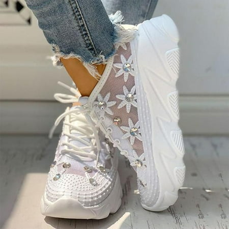 

Mesh Rhinestone Platform Platform Wedge-Heel Hollow Lace-Up Sneakers