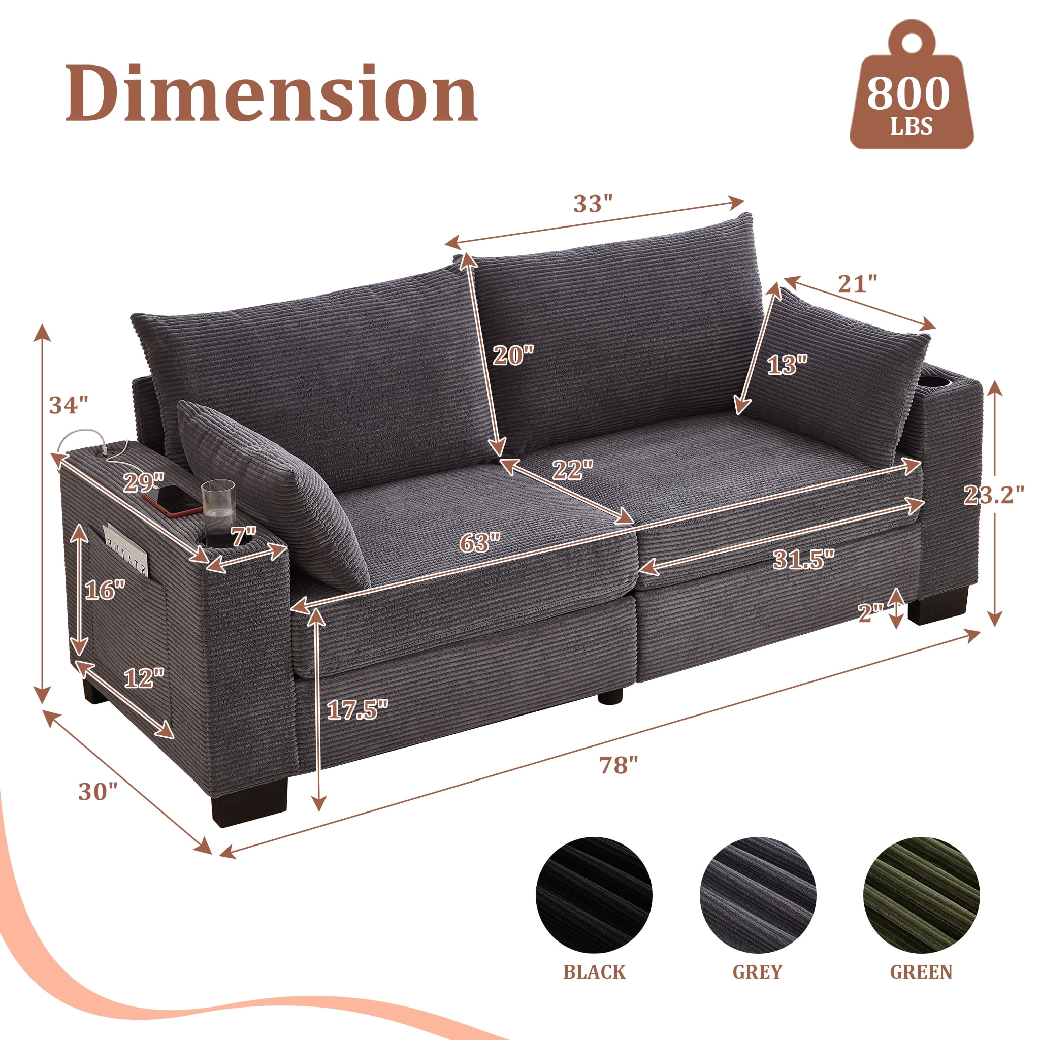 78" Corduroy Sofa,3 Seater Sofa with Extra Deep Seats,Modern Upholstered Couch with USB,Cup Holders & Side Pocket,2 Pillows for Living Room,Gray