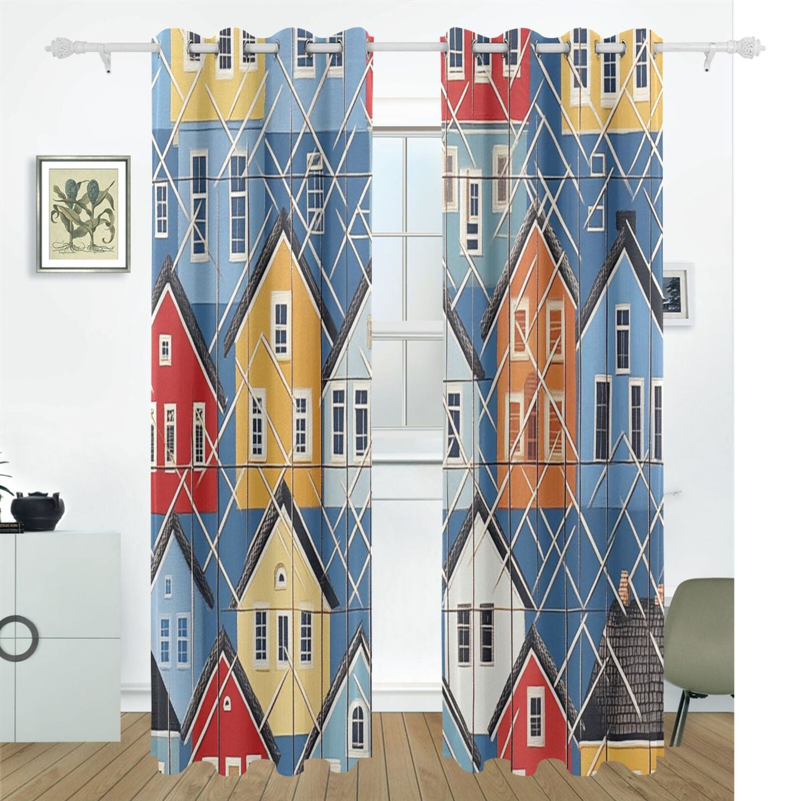 Lattice and Houses Black Out Curtains 72 Inch Length Curtains for Sliding Glass Doors Bedroom Living Room 2 Pack