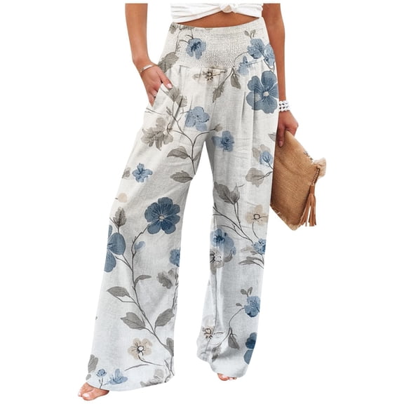 Womens Pants Casual Boho Palazzo Pants Wide Leg Lounge Pants Trousers Women's Floral Print Pants High Waist Smocked Elastic Waist Casual Trousers with Pockets for Beach Vacation