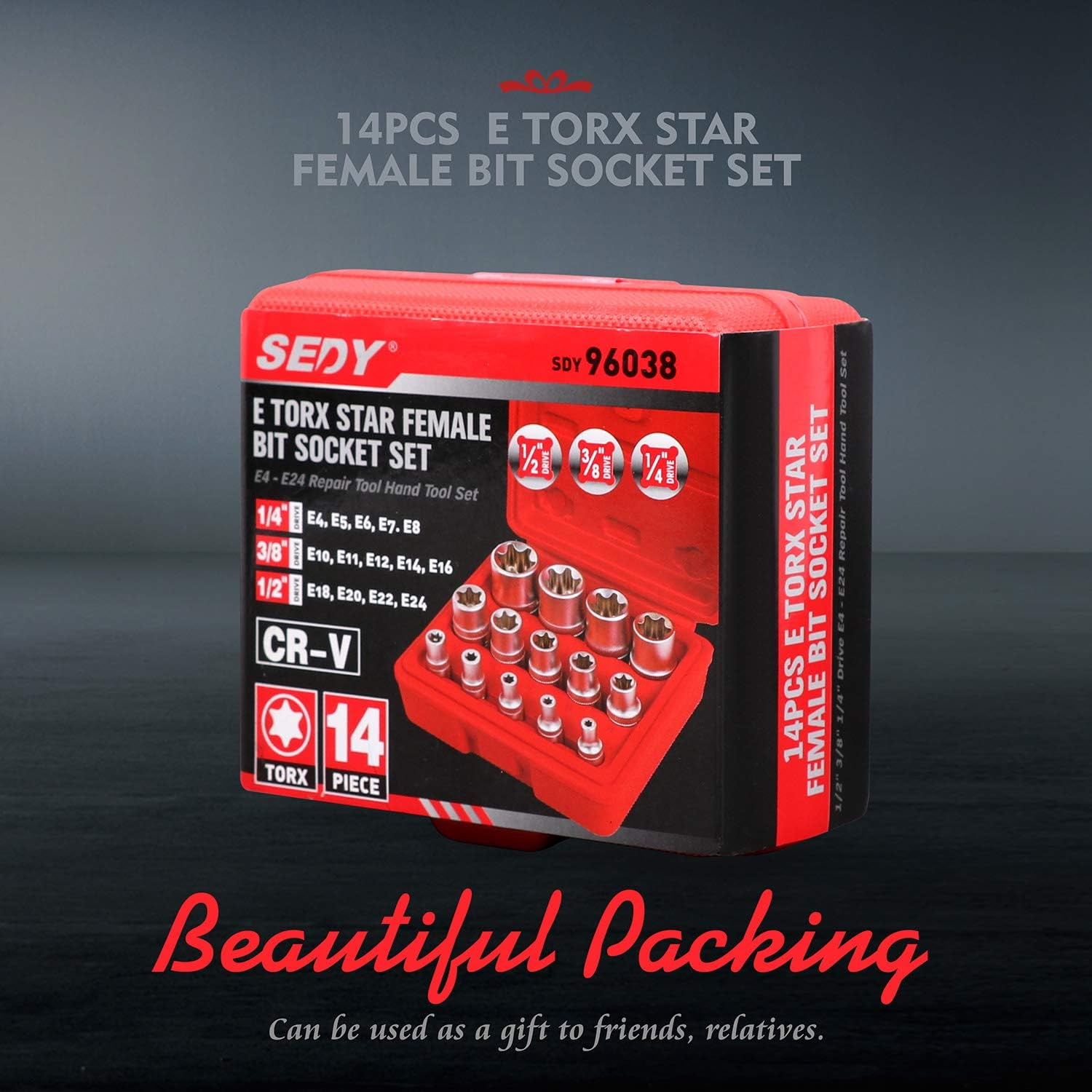Ariseltys 14-Piece E-TORX Socket Set - Premium Female Torx Socket Set, Ultimate Star Socket Set, Torque Socket Set, External Torx Socket Set, E4 E5 E6 E7 E8 E10 E11 E12 E14 E16 E18 E20 E22 E24