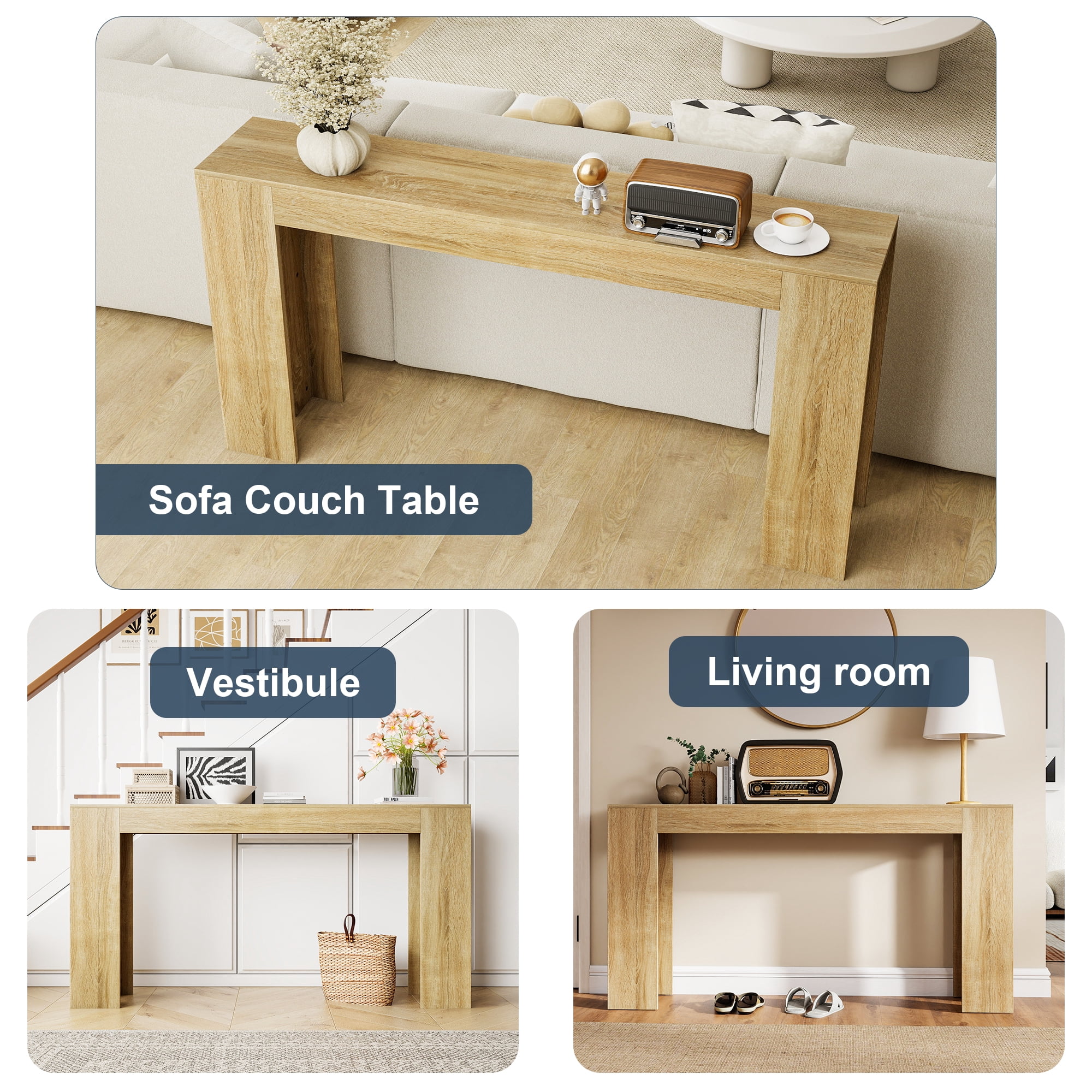 Domi Bonn Modern Oak Console Table, Extra-Long 62.99” Slim Profile with Waterproof Easy-Clean Finish, Sturdy Versatile for Entryway, Living Room