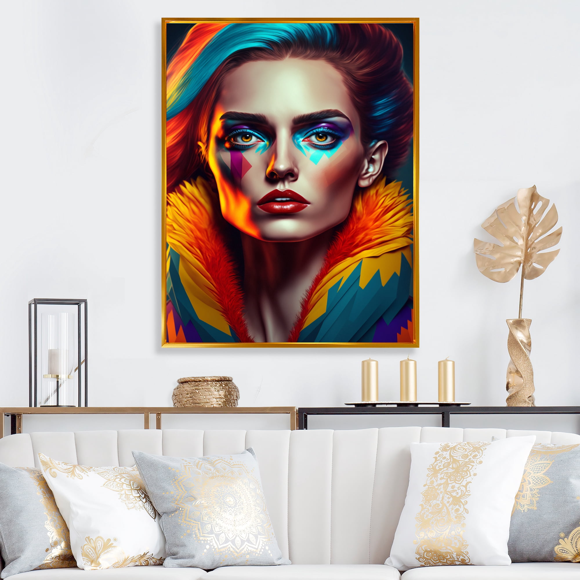 Designart Colorful Sensual Woman In Fur Coat IV Floating Frame Wall Art
