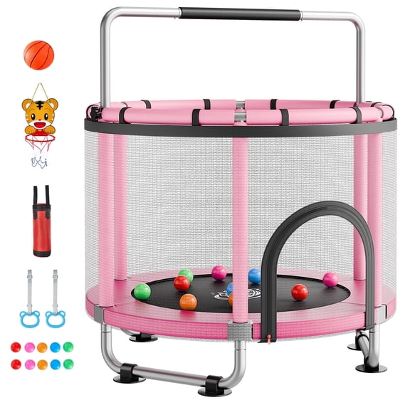 KFFKFF 55" Kids Trampoline with Safety Net, 4.6 FT Mini Indoor Outdoor Playset, 132 lbs Capacity, Adjustable Gymnastics Bar, Ideal for Holiday and Birthday Gifts for Children