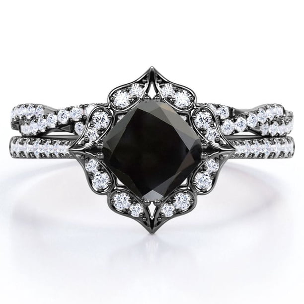 JeenMata Anillo Nupcial con Pavé Infinito de Moissanita y Diamantes Negros Cultivados en Laboratorio de Talla Cojín de 1,5 Quilates Engastado en Oro Negro de 18 K sobre Plata