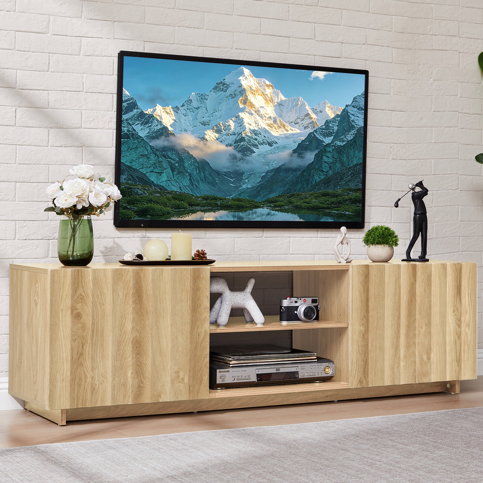 LEFHDA Fluted 61" TV Stand for TVs up to 75", Mid Century Modern Entertainment Center with 2 Doors & Adjustable Shelves, Wood Media Console Table for Living Room, Bedroom (Oak)