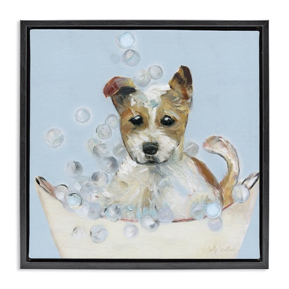 Stupell Industries Fun Bubbles Puppy Bath Animals Painting Black Floater Framed Canvas Art Print Wall Art, 18 x 18