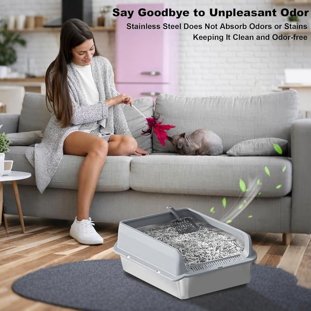 OUYAWEI 30L Deep Stainless Steel Cat Litter Box with Lid, Large Litter Box for Big Cats Non-Stick Stainless Steel Cat Boxes with Double Layer Litter Mat and Scoop, Easy to Clean,Gray