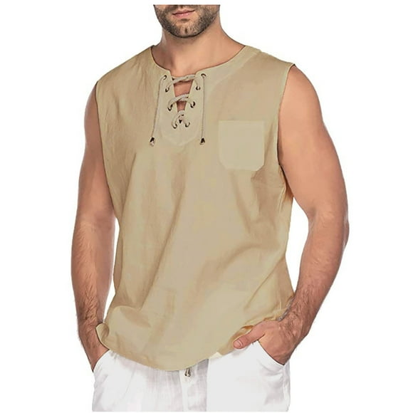 Styesk Tank Tops Men Men's Fashion Drawstring Color Cotton And Linen Sleeveless T-shirt Tops