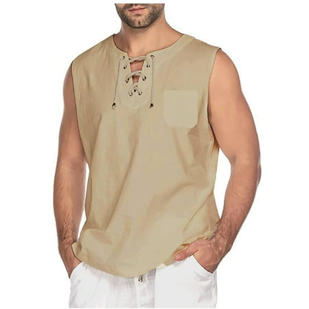 

Herrnalise Men s Workout Shirts Men s Fashion Drawstring Solid Color Cotton And Linen Sleeveless T-shirt Tops