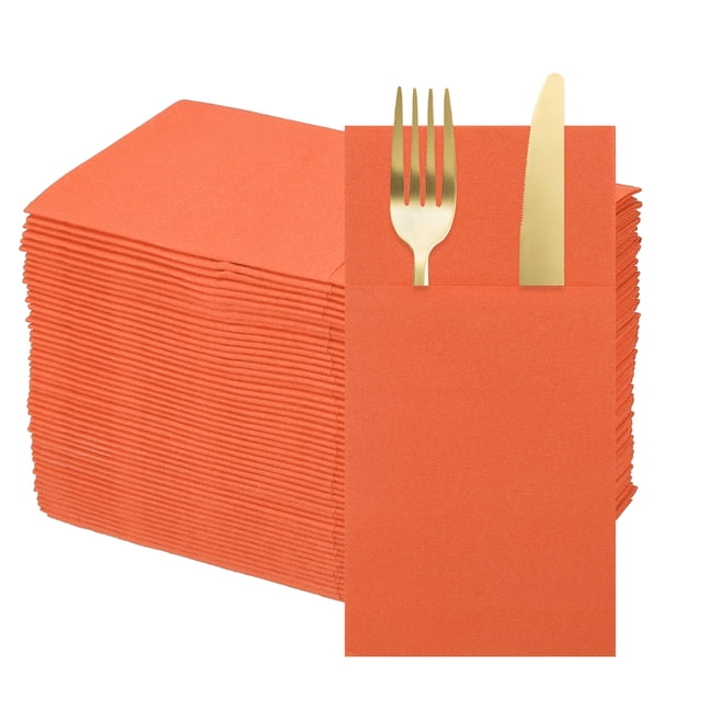 50 Pcs Servilletas Desechables con Sensación de Lino y Bolsillos para Cubiertos Incorporados, Servilletas de Papel para Cuchillo y Tenedor Naranja Brillante