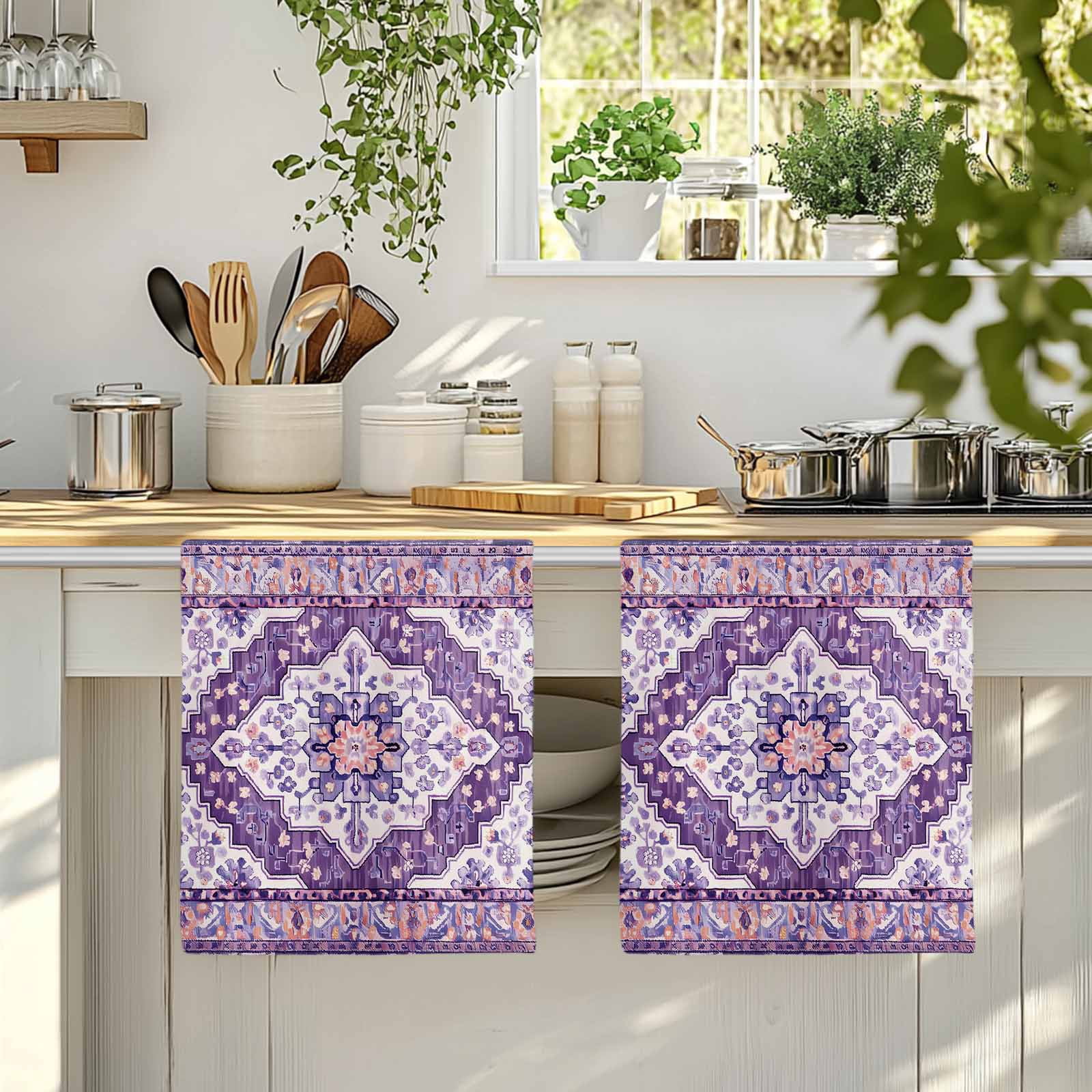 Dish Towels, Purple Bohemian Absorbent Kitchen Towels 2 PCS, Vintage Medieval Mural Microfiber Hand Towels Dish Cloths Tea Towels for Home&nbsp;Bathroom Cleaning Drying,18X28-Inch,