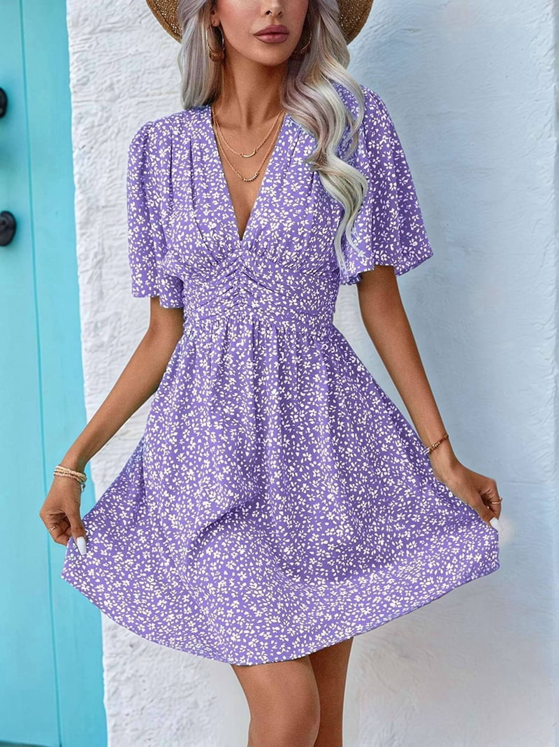 Women Summer Casual Floral Print Short Flutter Sleeve Mini Dress Casual Sundress V Neck Sun Dresses L