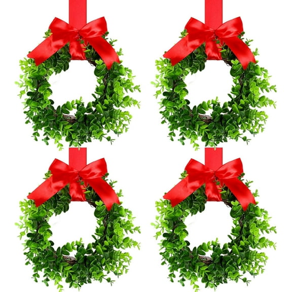 Dalrosia 4PCS Kitchen Cabinet Wreaths Boxwood Wreaths with Ribbon Artificial Green Leaves Wreaths Decorative Hanging Wreaths for Cabinet Wall Window Front Door Decors