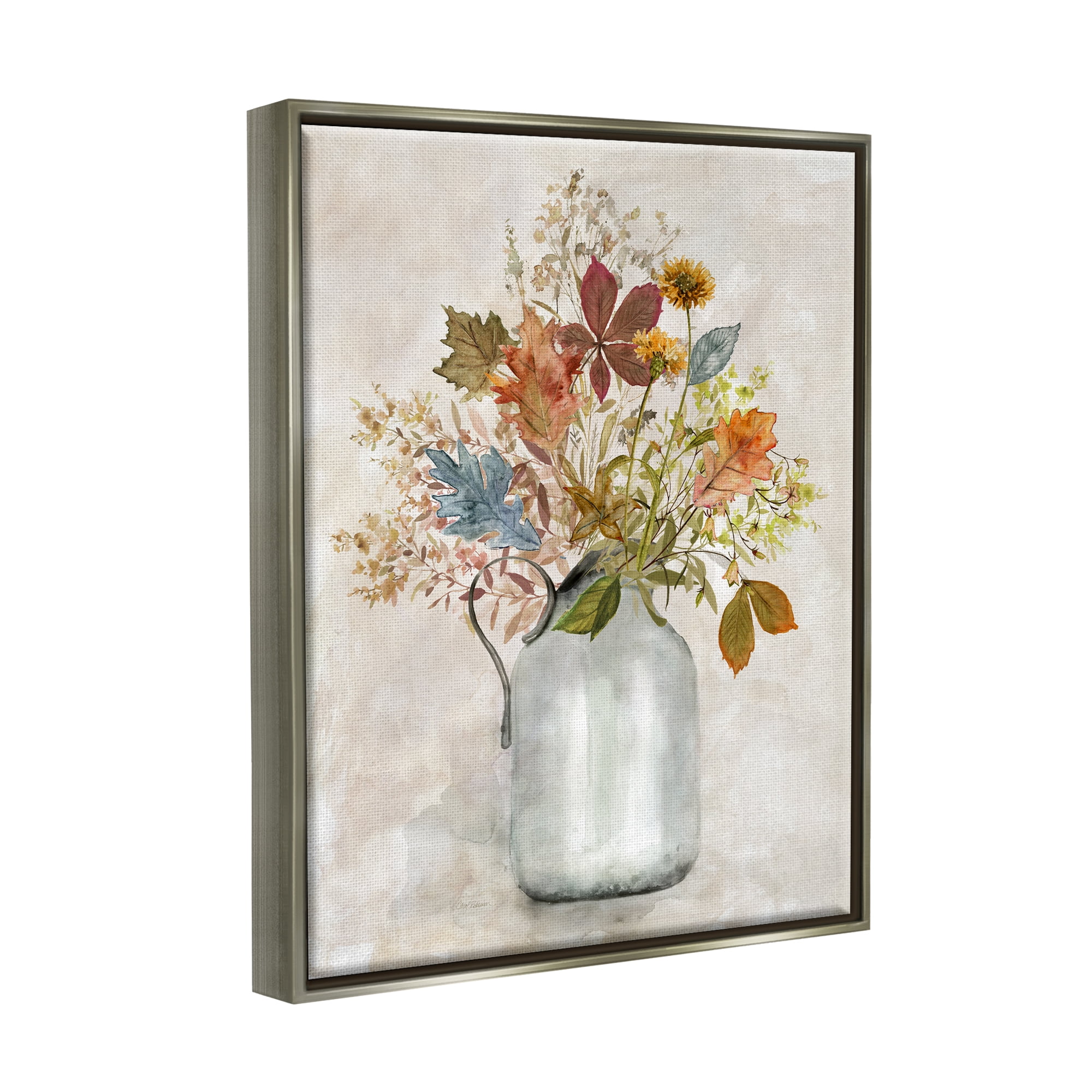 Stupell Industries Autumn Florals in Jug Botanical & Floral Painting Gray Floater Framed Canvas Art Print Wall Art, 25 x 31