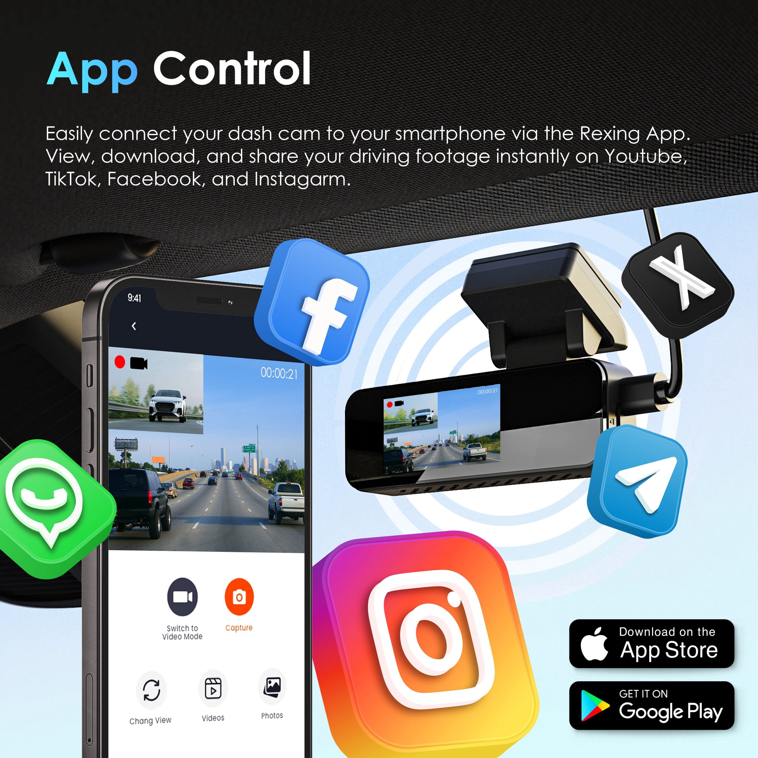 Rexing 2K Front and 1080P Rear Dash Cam with App Control, WiFi, Dual Camera System, Loop Recording, Parking Monitor