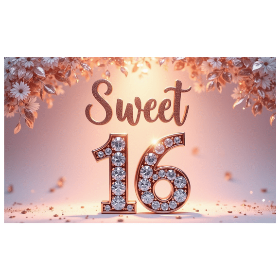Decorative Design Sweet 16 Birthday Banner Elegant Floral Rose Gold for Party Celebration Indoor Decoration Event