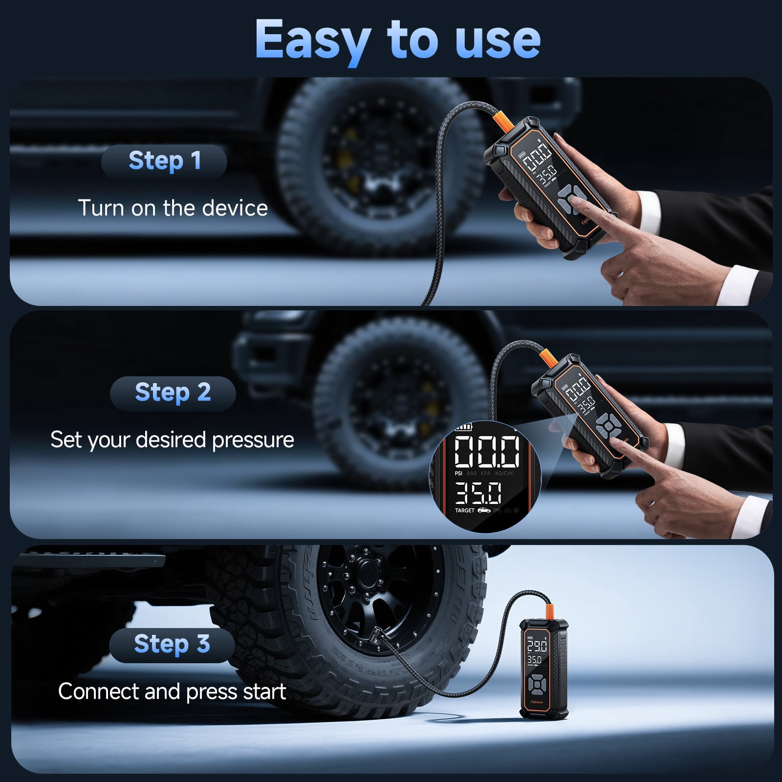 Ophanie Cordless Tire Inflator Portable Air Compressor, 12000mAh Battery, Air Pump for Car Tires with Automatic Shutoff, Electric Pump with Digital Pressure Gauge