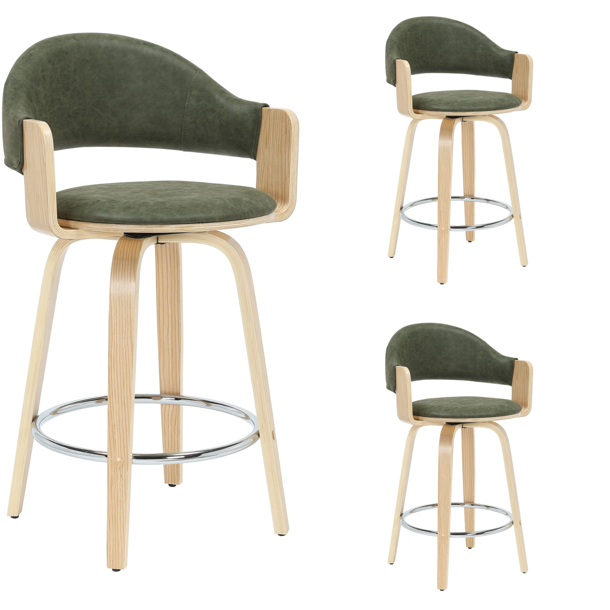 Daxton 36 in. H Swivel Counter Height Vintage Green Round Back Wood Bar Stool with Faux Leather Seat Set of 3