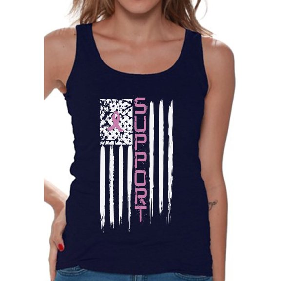 Awkward Styles Support American Flag Tank Top for Women Pink Ribbon USA Flag Tanks Breast Cancer Awareness Shirts for Women Breast Cancer Tank Top Gifts for Cancer Survivor Women's Pink Ribbon Support