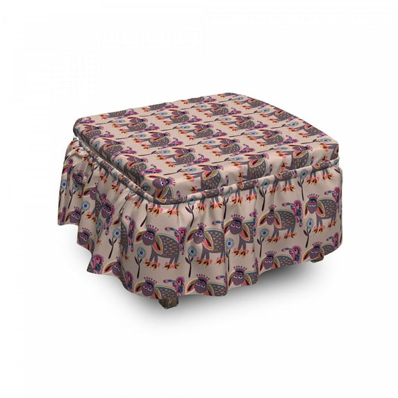 Ethnic Ottoman Cover, Ukrainian Folktale Animal, 2 Piece Slipcover Set with Ruffle Skirt for Square Round Cube Footstool Decorative Home Accent, Standard Size, Multicolor, by Ambesonne