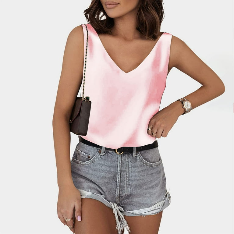 RQYYD Reduced Womens Silk Satin Tank Tops V Neck Casual Cami Sleeveless  Camisole Blouses Summer Loose Fit Basic Tank Shirt Pink XL 