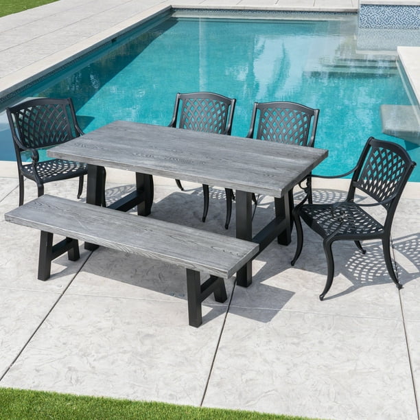 Reina Outdoor 6 Piece Aluminum Dining Set with Light Weight Concrete Table and Bench, Natural 