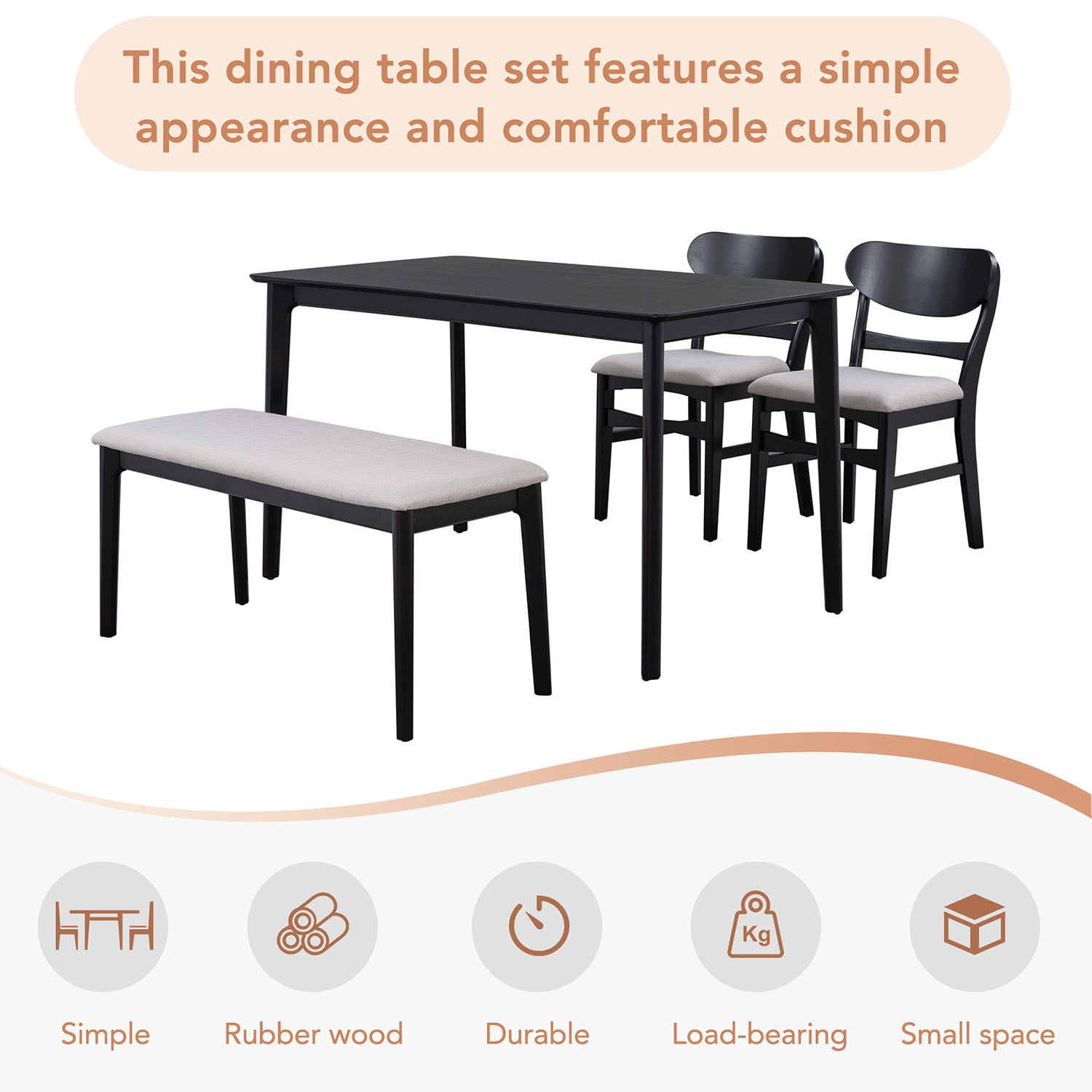 Kadyn Dining Table Set for 4, Solid Wood Dining Set with 2 Chairs and 1 Bench, Modern Dining Table Set for Dining Room, Espresso Kadyn Dining Table Set for 4, Solid Wood Dining Set with 2 Chairs and 1 Bench, Modern Dining Table Set for Dining Room, Espresso